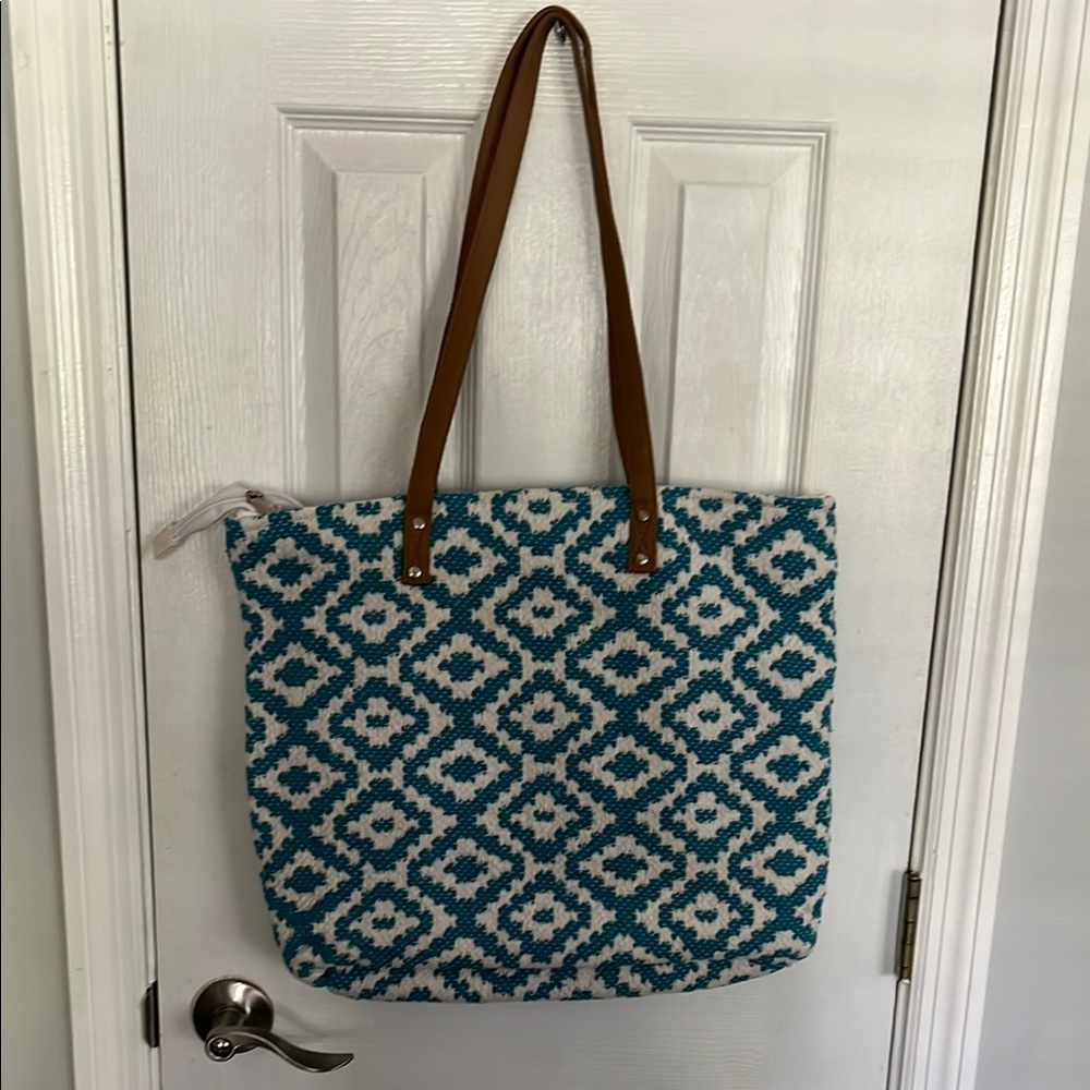 Blue and White Geometric Tote Bag with Leather Straps - Picture 2 of 4
